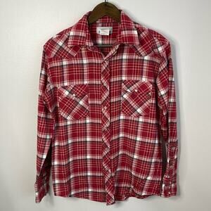 Men's Wrangler Red Plaid Flannel Pearl Snap Button Shirt Size M
